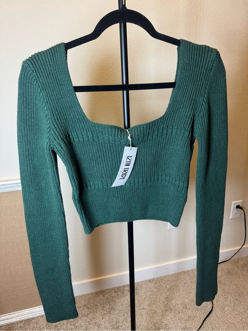 12th Tribe Green Ribbed Square-Neck Crop Sweater